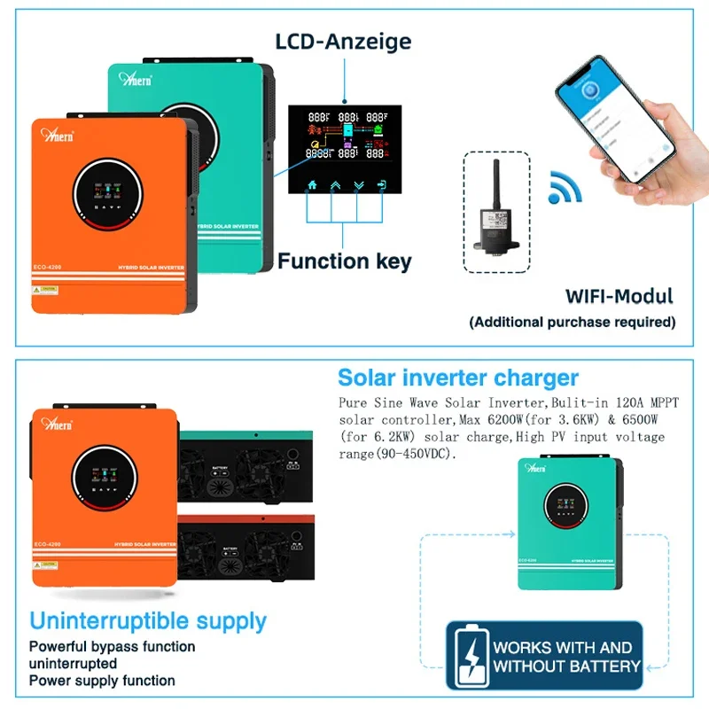 Solar hybrid inverter 6200w 3600w reine sinus welle 48v 24v 230v netz  wechsel richter gebaut mppt 120a solar laderegler