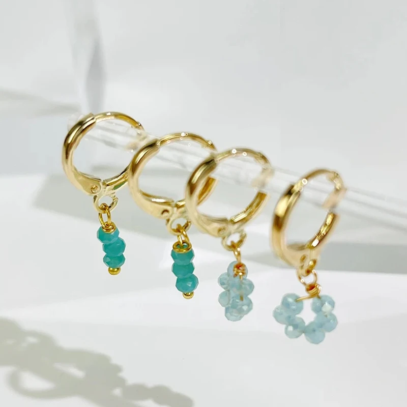 Peri'sBox 3 Designs Asymmetric Blue Beaded Hoop Earrings For Women Boho Acrylic Flower Huggie Earrings Gift Jewelry