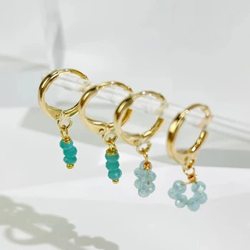 Peri'sBox 3 Designs Asymmetric Blue Beaded Hoop Earrings For Women Boho Acrylic Flower Huggie Earrings Gift Jewelry