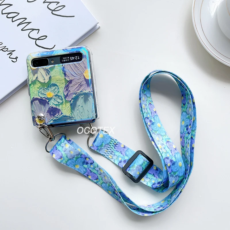 Oil Painting Flower Crossbody Lanyard Strap Case with Blu-ray Hard Armor Cover