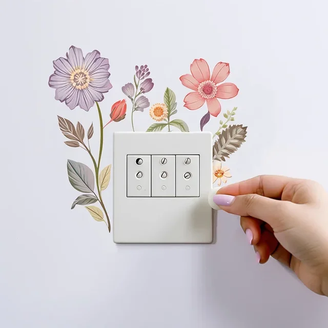 Autocollant mural interrupteur de belles fleurs, autocollant imperméable amovible en PVC pour chambre à coucher, salle de bains, salon, décoration de la maison 4