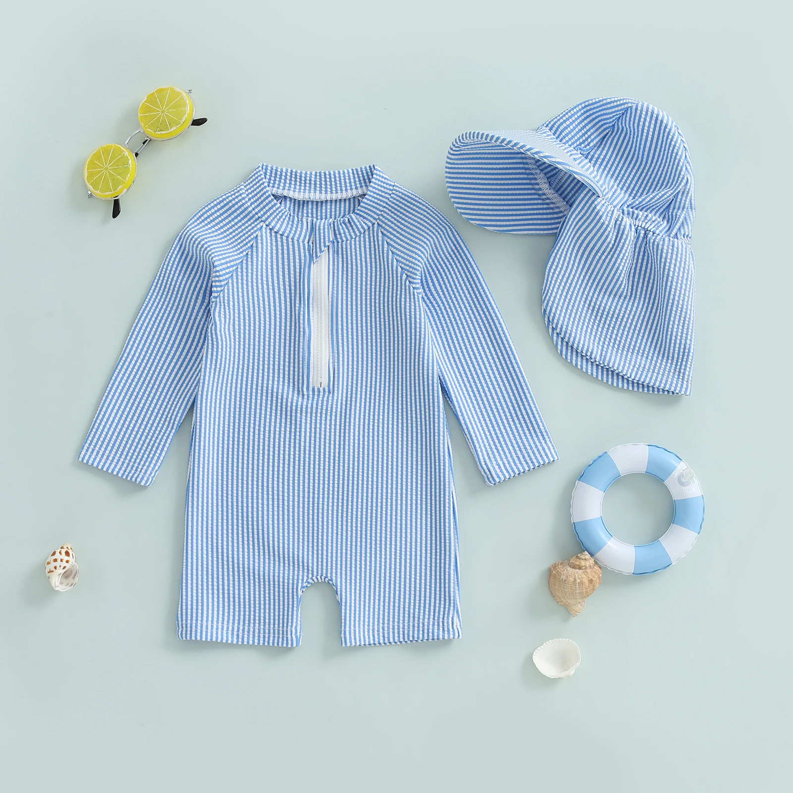 0-24 متر أطفال طفل الفتيان ملابس الصيف مخطط يطبع سحاب أكمام طويلة طفح الحرس ملابس السباحة وقبعة بحر ثوب السباحة