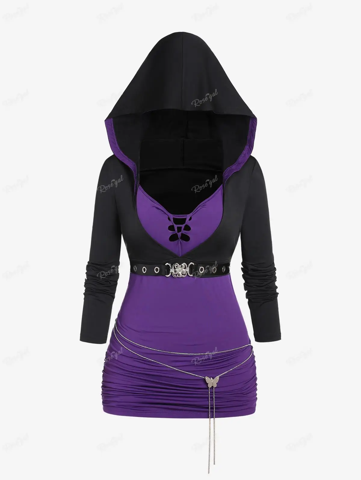 ROSEGAL-Women's Plus Size Hoodie T-shirt, Purple Ruched Buckle