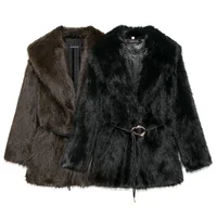 Zach Ailsa Women's Belt Decoration Collar Solid Color Medium Long Coat Autumn/Winter New Long Sleeve Loose Coat 1