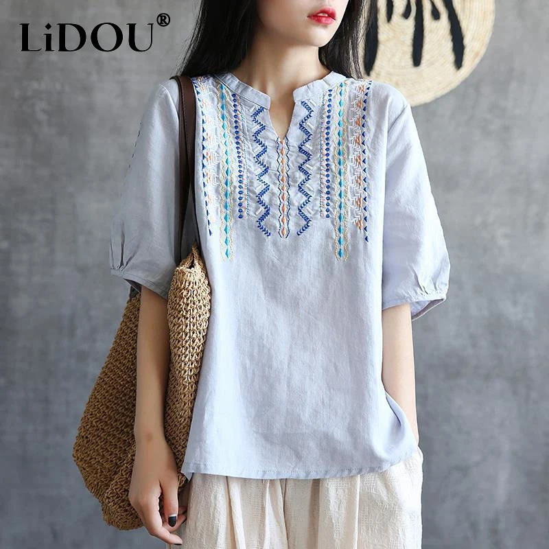 

2023 Summer Simple Vintage V-neck Short Sleeve T-shirt Women Elegant Embroidered Cotton Hemp Temperament Pullovers Loose Tops