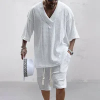 2024 Summer Casual Shorts Set Knitted Two Piece Men’s Clothing V-Neck Short Sleeve T-shirt and Shorts Streetwear Knit Outfits