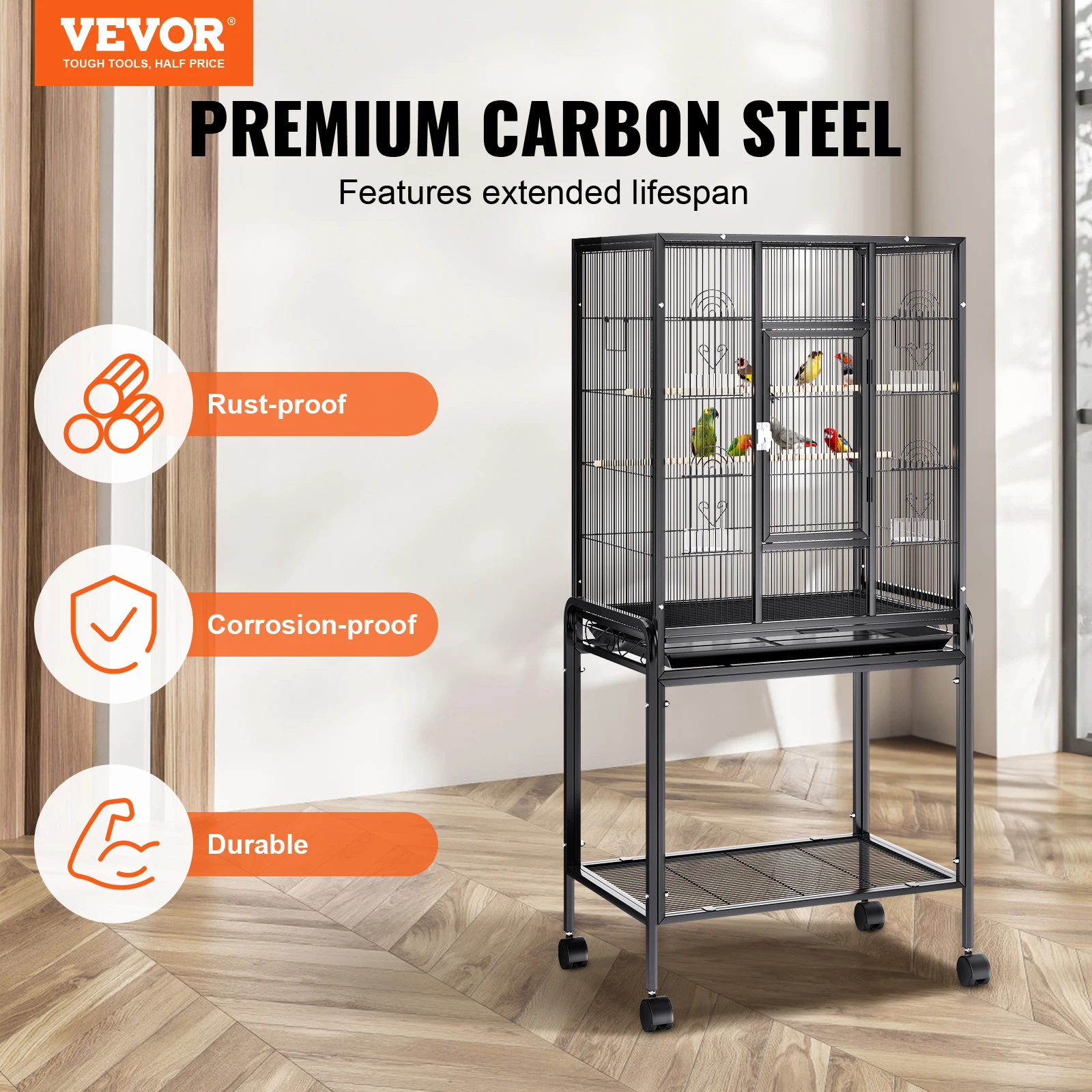 52/54 inch Standing Flight Bird Cage Carbon Steel Parakeets Cages Rolling Stand Tray for Cockatiels Parrots