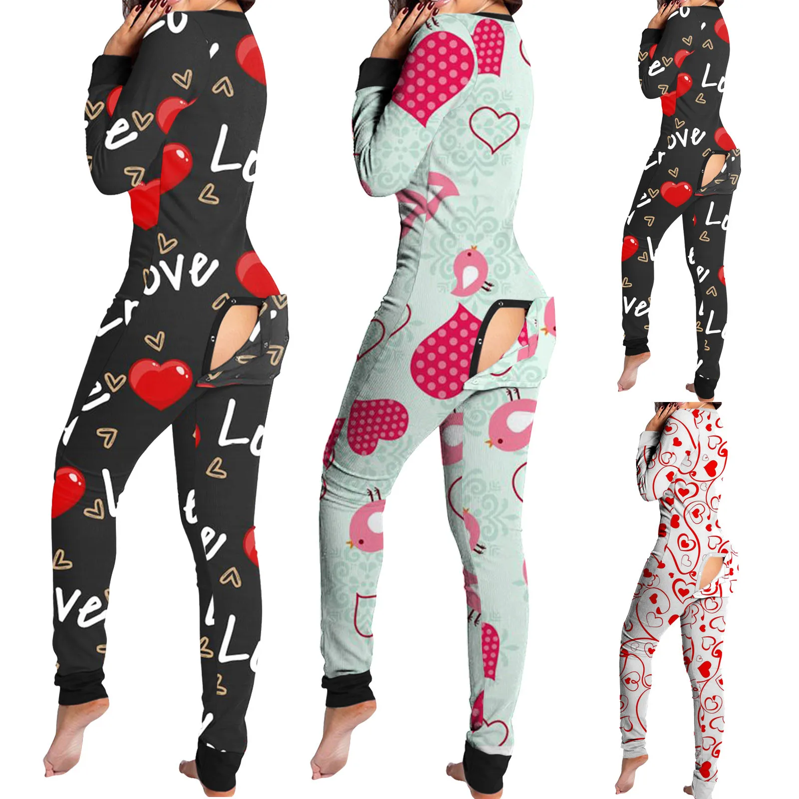 Love Heart Sexy Pajama Pyjama Women Jumpsuit Casual Long Sleeve Pyjama Button-down Functional Buttoned Flap Sleepwear Overalls