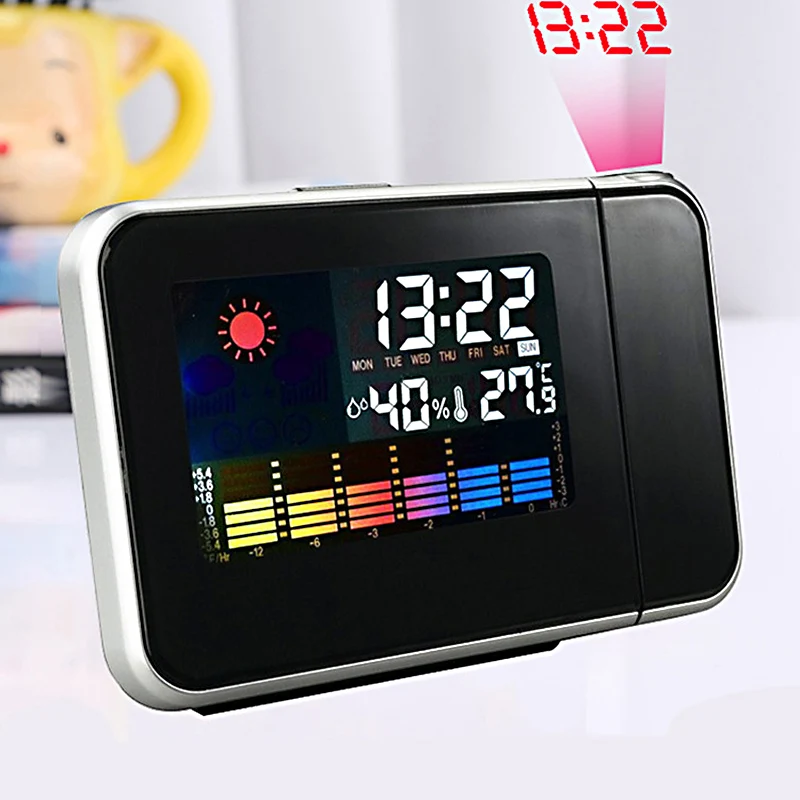 

Projection Alarm Clock Digital Desktop Bedroom LED Color Large Screen Temperature and Humidity Weather Forecast Clock