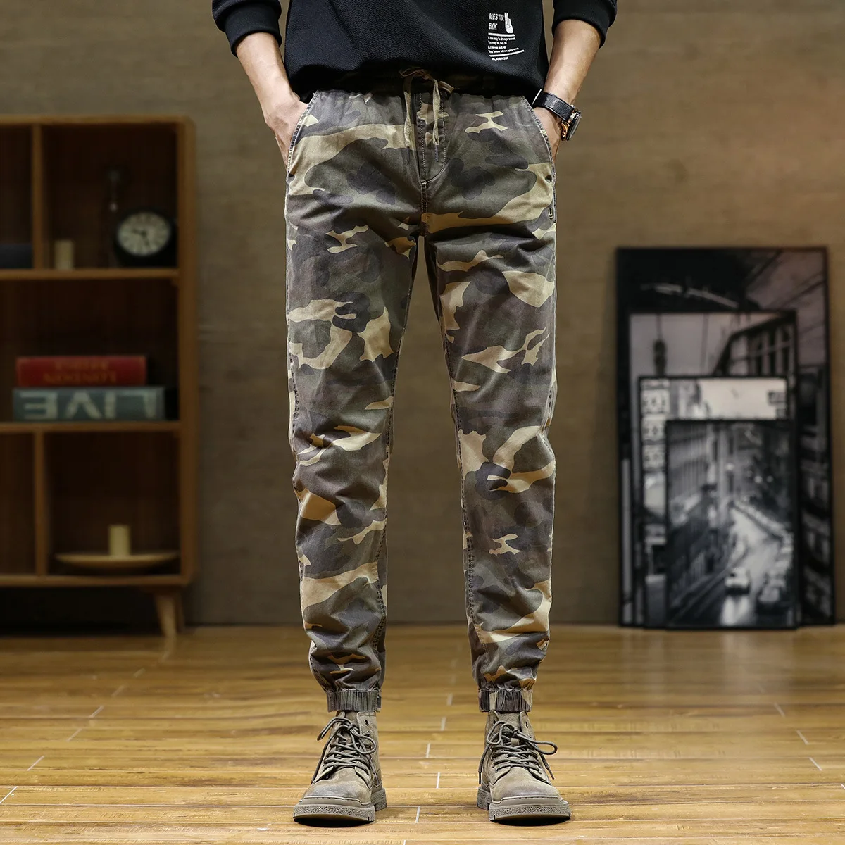 Elmsk Men's Spring/Summer Thin Workwear Pants Youth Fashion Camo Pants Large Loose Comfortable Drawstring High Waist Pants elmsk men s large pocket workwear shorts summer thin stretch comfortable capris personalized loose large fashion tight pants