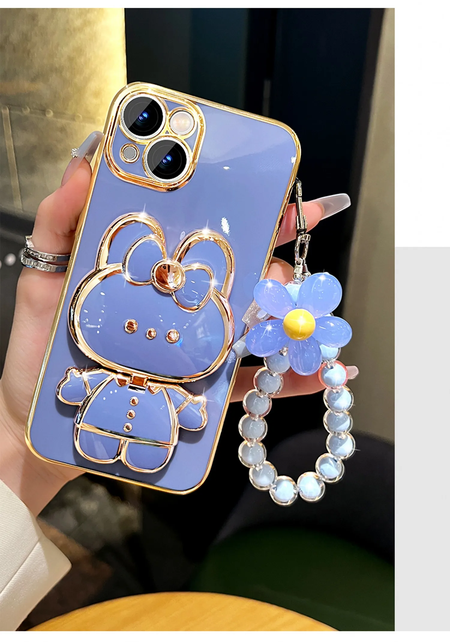 Bunny Phone Case With Mirror Holder And Flower Strap Plating_voghion.com