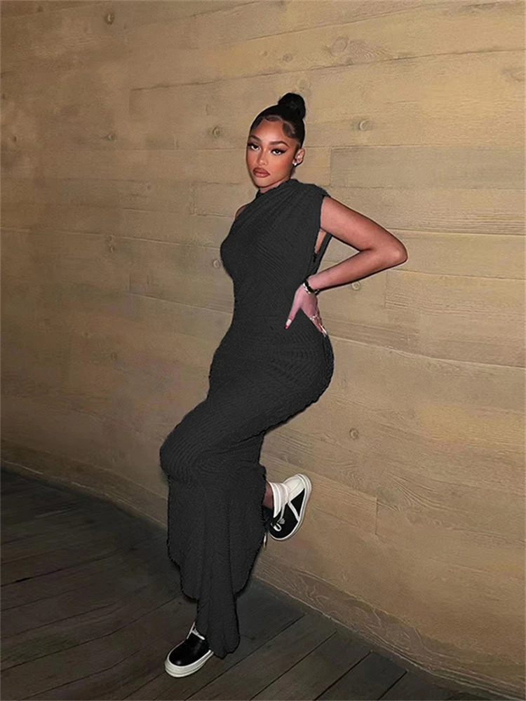 

Habbris Summer Sexy Asymmetric Bodycon Maxi Dresses Club Outfit For Women 2023 Black Inclined Collar Side Slit Party Long Dress