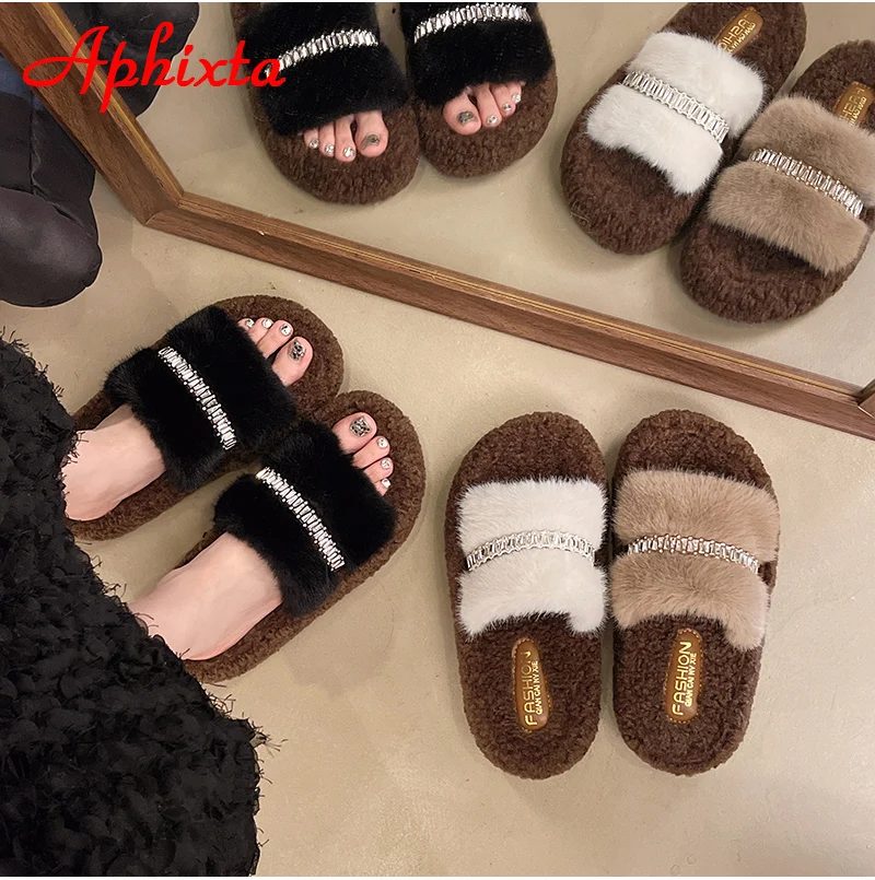 Aphixta 4.5cm Platform Women Warm Cotton Slippers Flat With Bling Shoes Open Toe Slip On Fashion Ladies Shoes