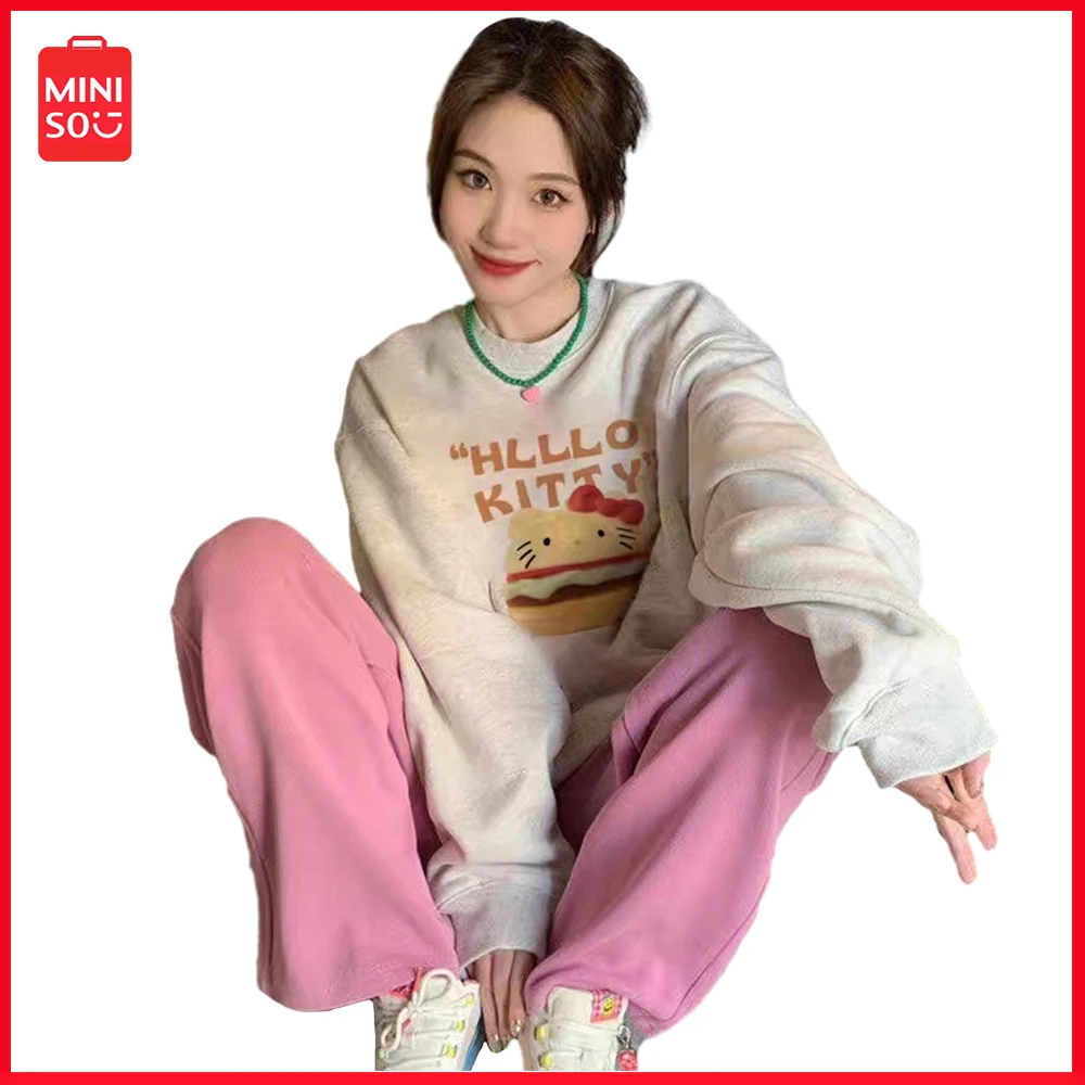 

New Miniso Y2K Sanrio Hellokitty Padded Round Neck Sweater Female Autumn Winter loose Blouse Couple Pullover Sport Casual Clothe
