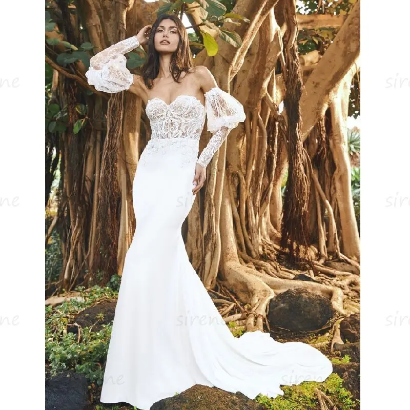 

Elegant Mermaid Sweetheart Wedding Dress White Backless Satin Long Sleeve Lace Applique Sweep Train Bridal Gown Vestido De Novia