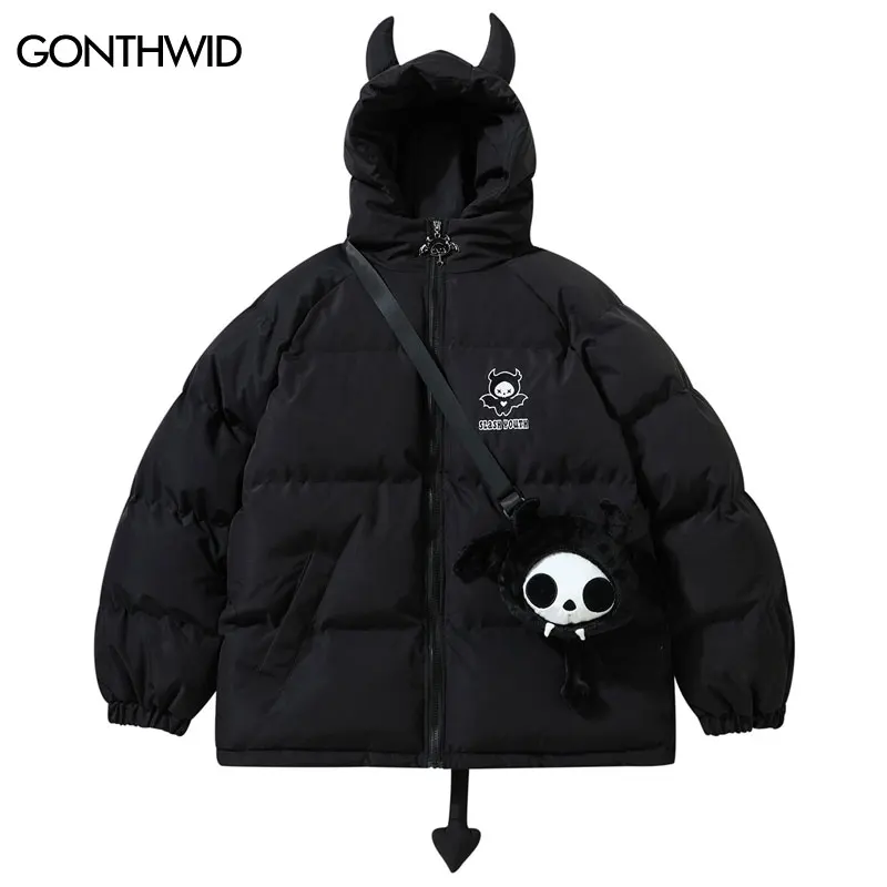 

Winter Jacket Hooded Parkas with Bag Streetwear Hip Hop Devil Horn Thick Warm Bubble Padded Coats Harajuku Casual Puffer Jackets