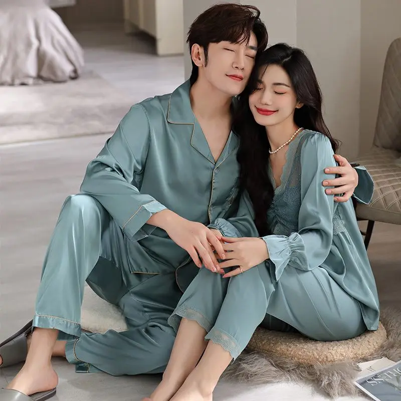 

1 Spring and autumn couple pajamas Women's silk long-sleeved summer home wear Men's ice thin large suit
