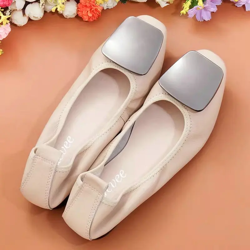 Genuine Leather Square Head Flat Shoes Women's Bowknot Shallow Mouth Ballet Boat Shoes Big Size 10 Candy Color Women