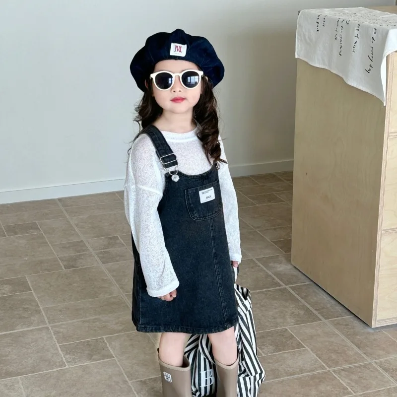 2024 Girls Spring Autumn One Piece Large Pocket Denim Strap Skirt Losoe Soft Fashion All-match Outdoor Sweet Lovely