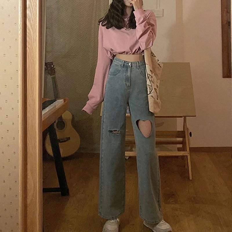 2024 Full Length Trouser Harajuku Streetwear Heart Shaped Hole  Jeans for Women High Waist Mom Jeans Vintage Black Denim Pants