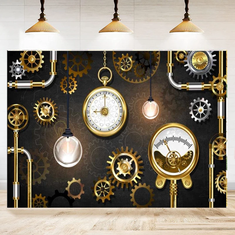 Fondale Fotografico Per Ingranaggi Orologi Chiavi Catene Orologio Meccanico Sfondo Industriale Banner Festa Di Compleanno Decor Poster