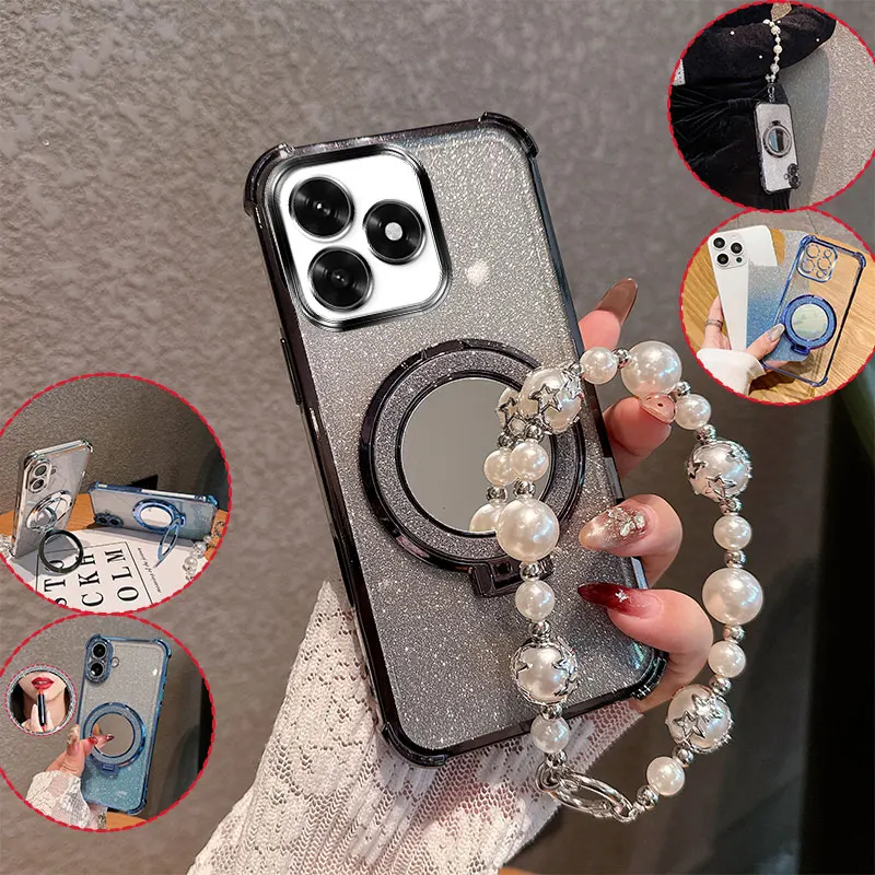 Bling Glitter Lipstick Mirror Phone Case with Pearl Chain - Anti-Drop Shockproof Cover