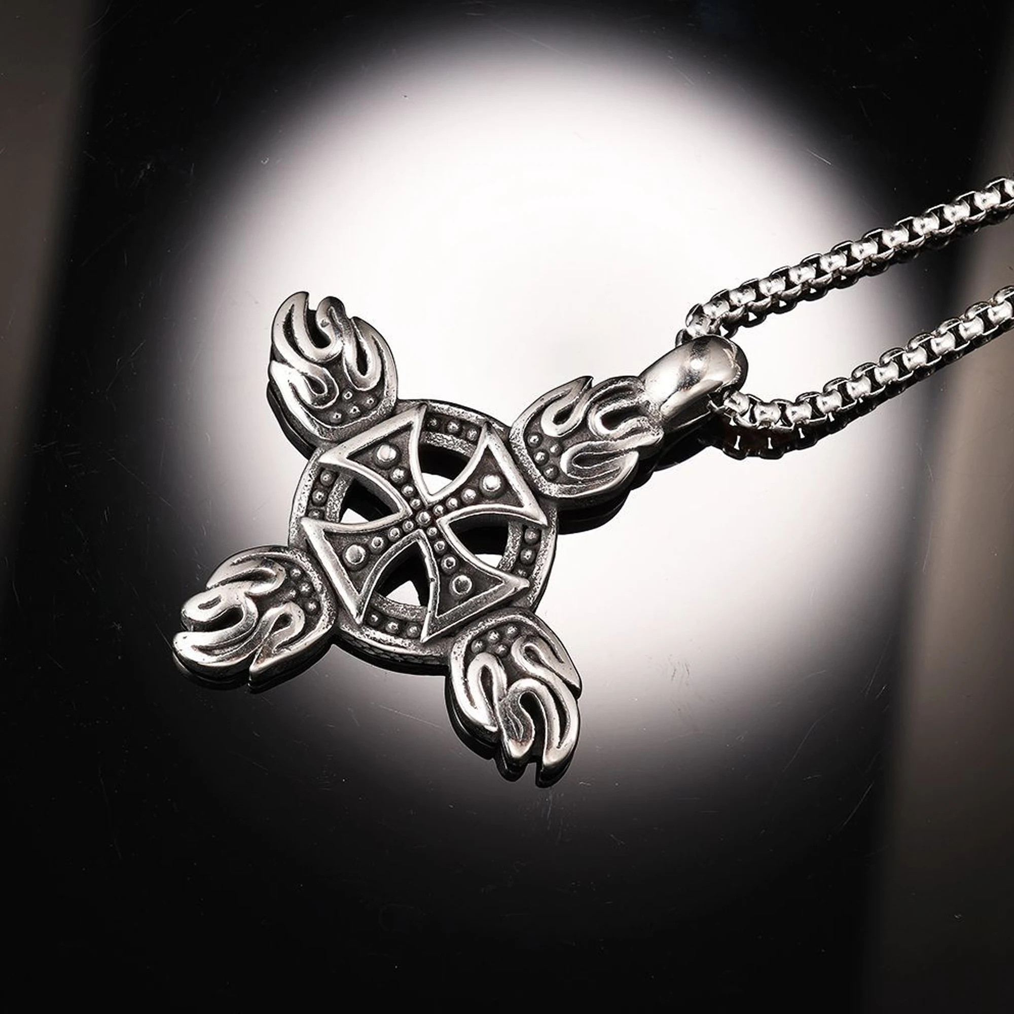 Stainless Steel Punk Rock Hip Hop Flaming Cross Pendant Men's Chain Necklace Christmas Gift