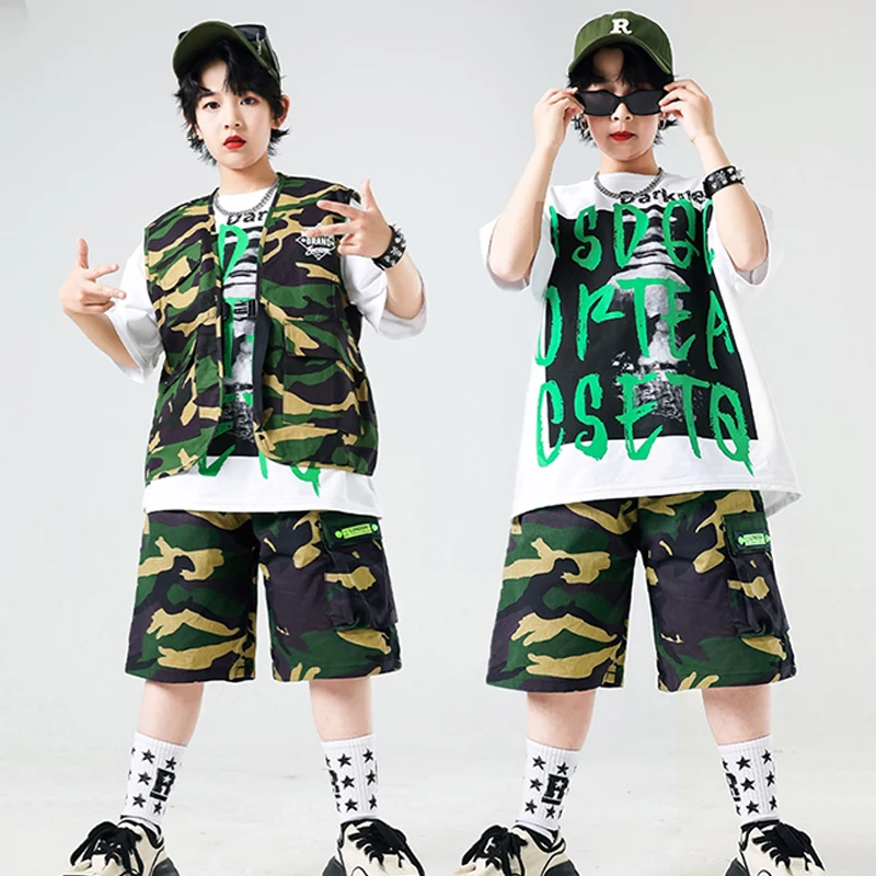 

Cool Boys Jazz Dance Clothing Kpop Hip Hop Outfits Street Dance Suit Stage Show Costume Children Camouflage Casual Wear AMY105