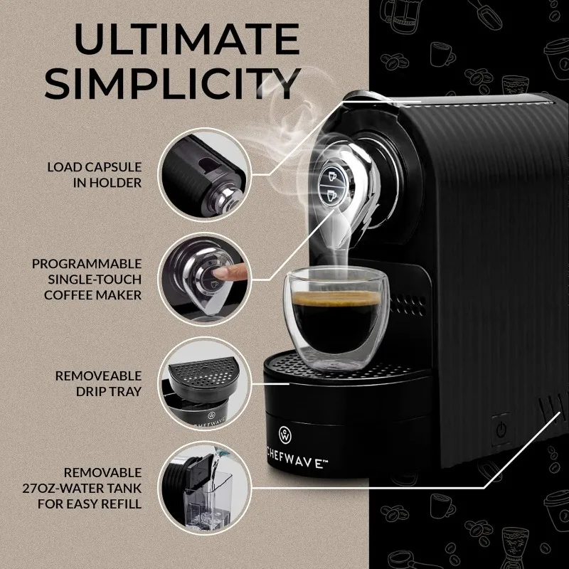 ChefWave Espresso Machine Compatible with Nespresso Coffee Capsules(Black), Pod Holder,Cups and Descaling Powder Bundle(2 Items) 2