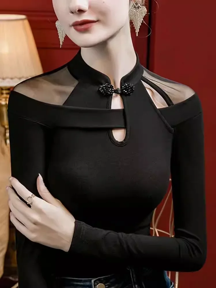 

Vintage Irregular Mesh Long Sleeve T-Shirt, Show Collarbone Tops for Fall and Winter, Unique Qipao Base Shirt for Women