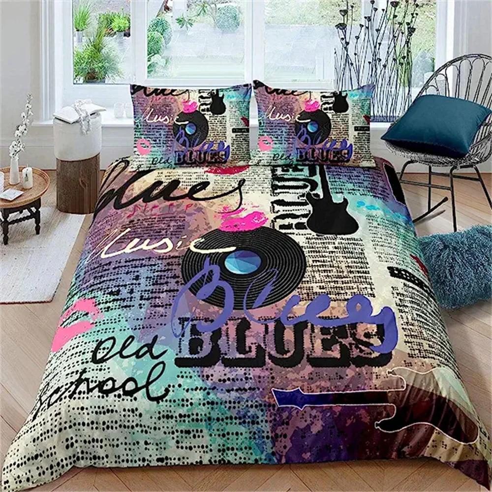 

Music Bedding Set Vintage Blues Comforter Cover Old School Guitar Records Duvet Cover with 2 Pillowcases Queen Size Room Decor