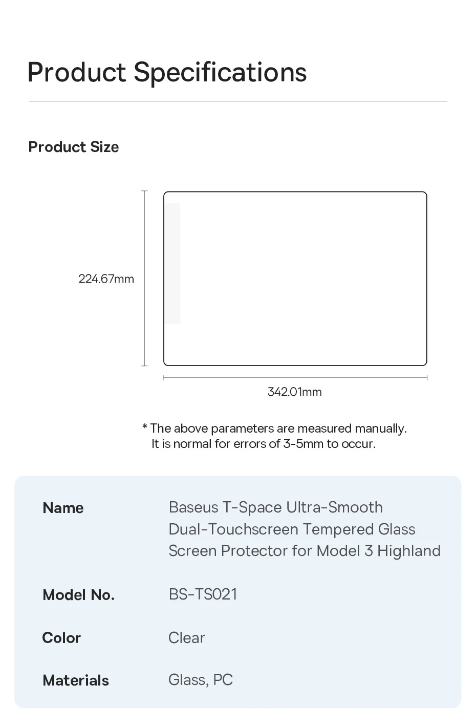 T-Space Tempered Glass Screen Protector for Tesla Model 3 Ultra-Smooth Dual-Touc