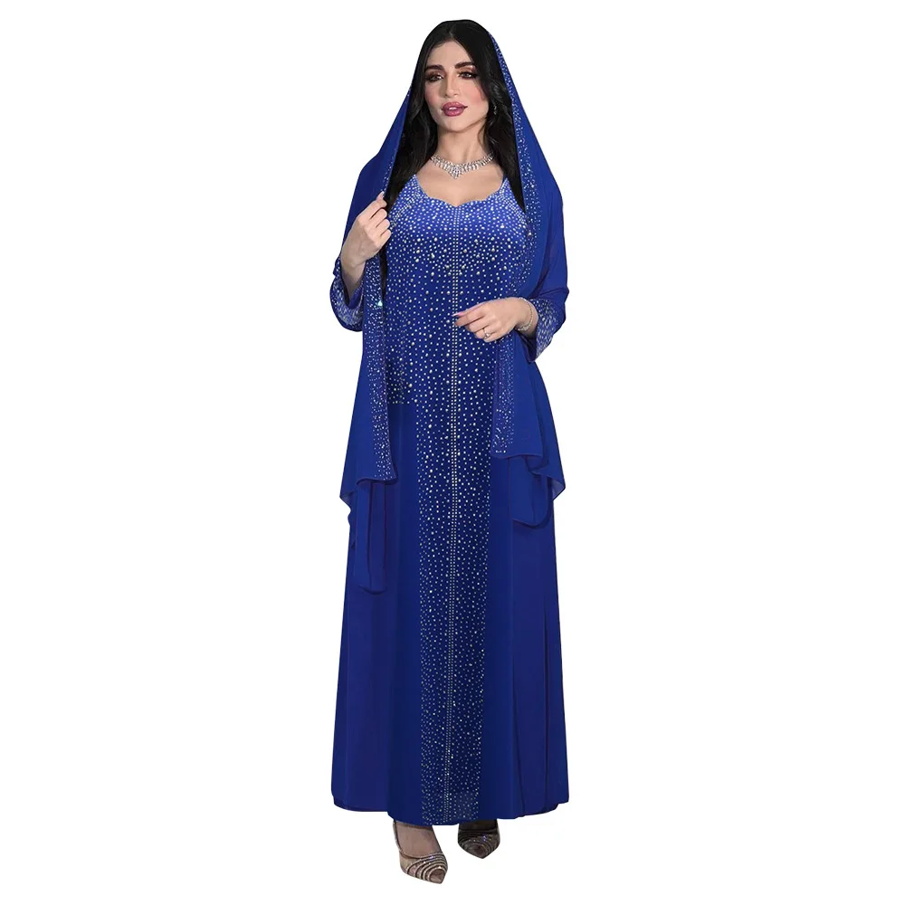 Abaya for Women Dubai Arabic Hot Diamond Chiffon Robe Evening Brilliant Crystal Dress V-neck Muslim Islam Women Clothing
