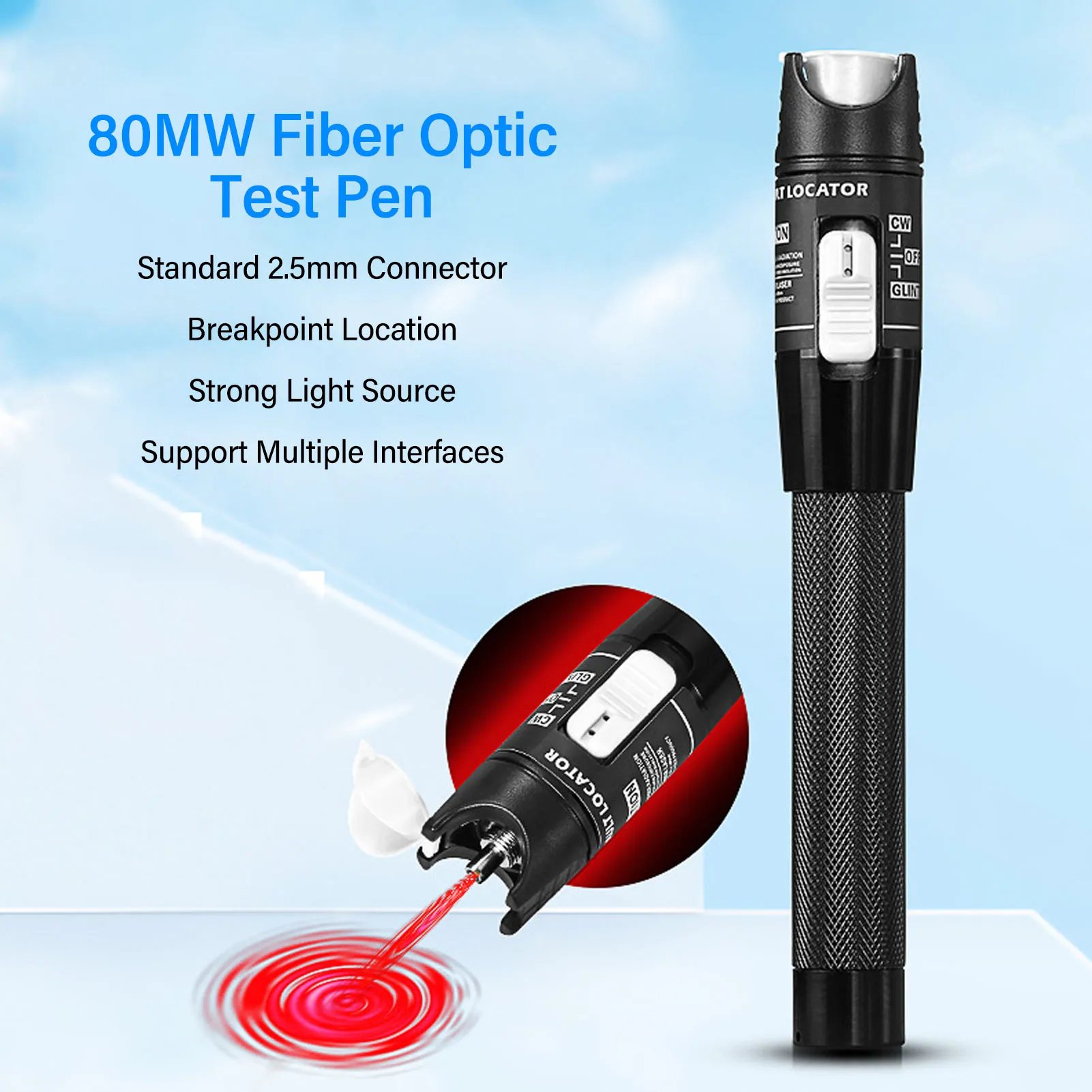 80km Visual Fault Detector 2.5mm Universal Connector Fiber Optic Test Pen 650nm&plusmn;10nm Output 80MW for Breakpoint Detection