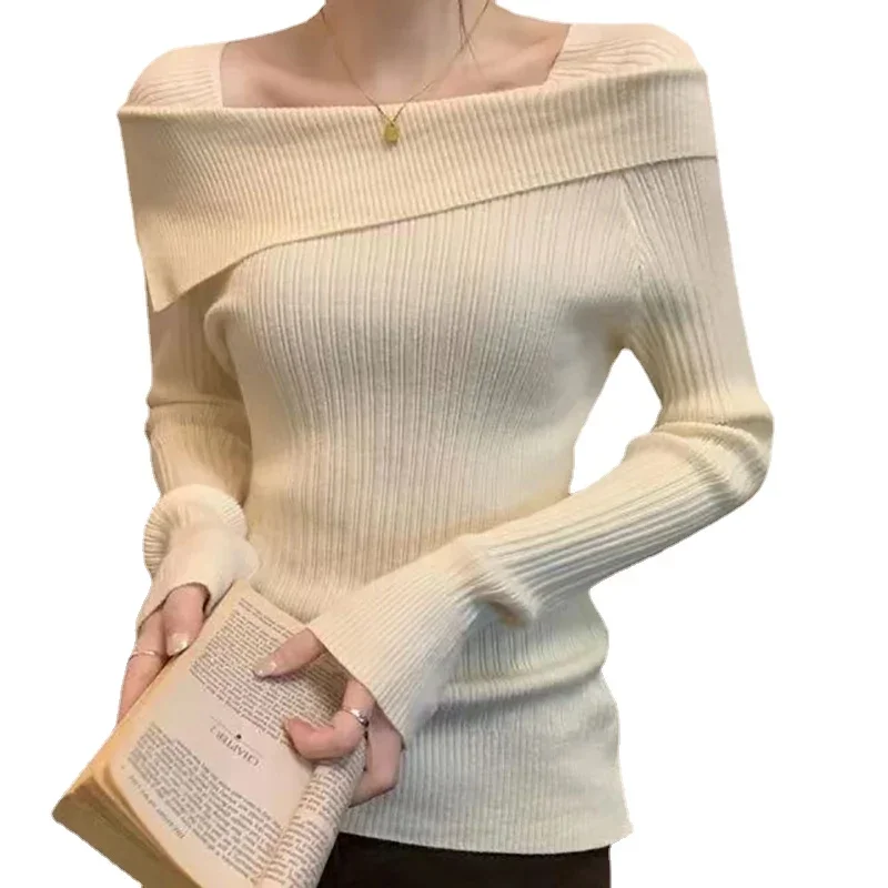 

Women Off Shoulder Knit Sweater Slash Neck Long Sleeve Slim Knitwear Jumpers Office Sweater For Women 2024Autumn Winter