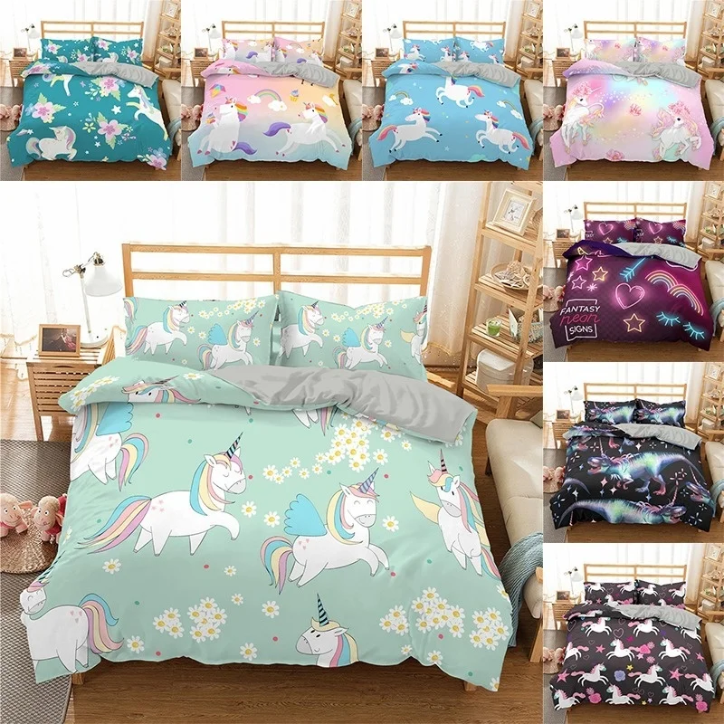 

Bedding Set Cartoon Unicorn Duvet Cover Pillowcases Comforter Double Full Twin Single Size Luxury 3D Bedclothes for Kids Adults