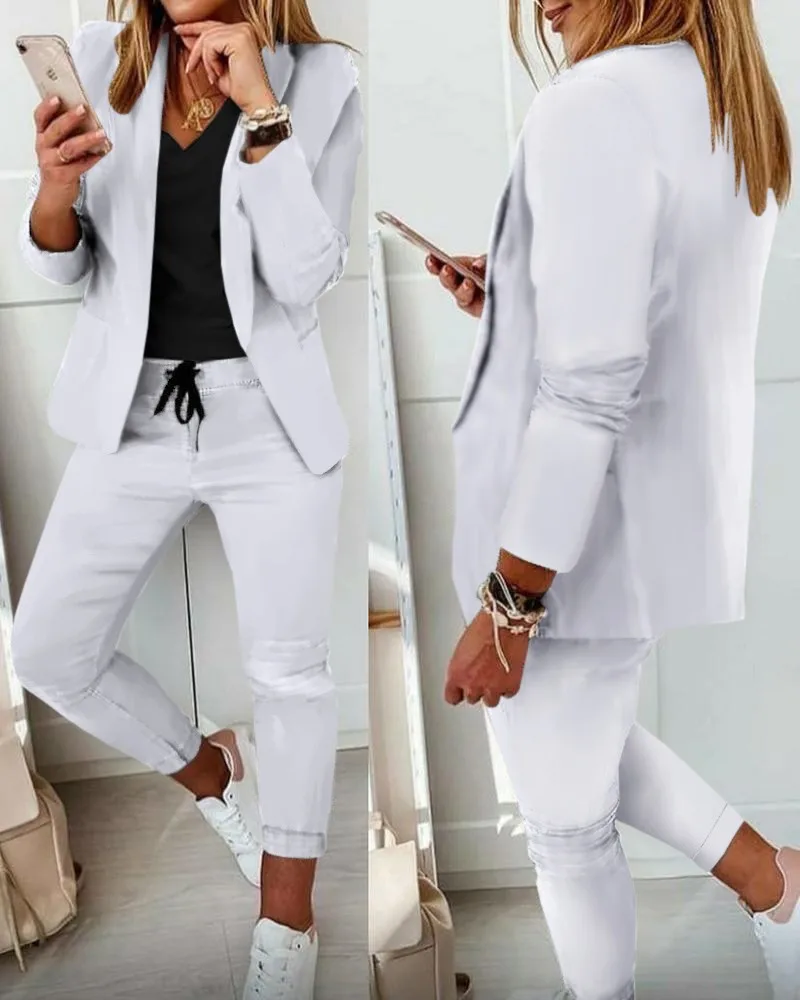 2023 Casual Suit Two Pieces for Women Simple Fashion Set Autumn Female Turndown Collar Solid Blazer and Pants Customized Set
