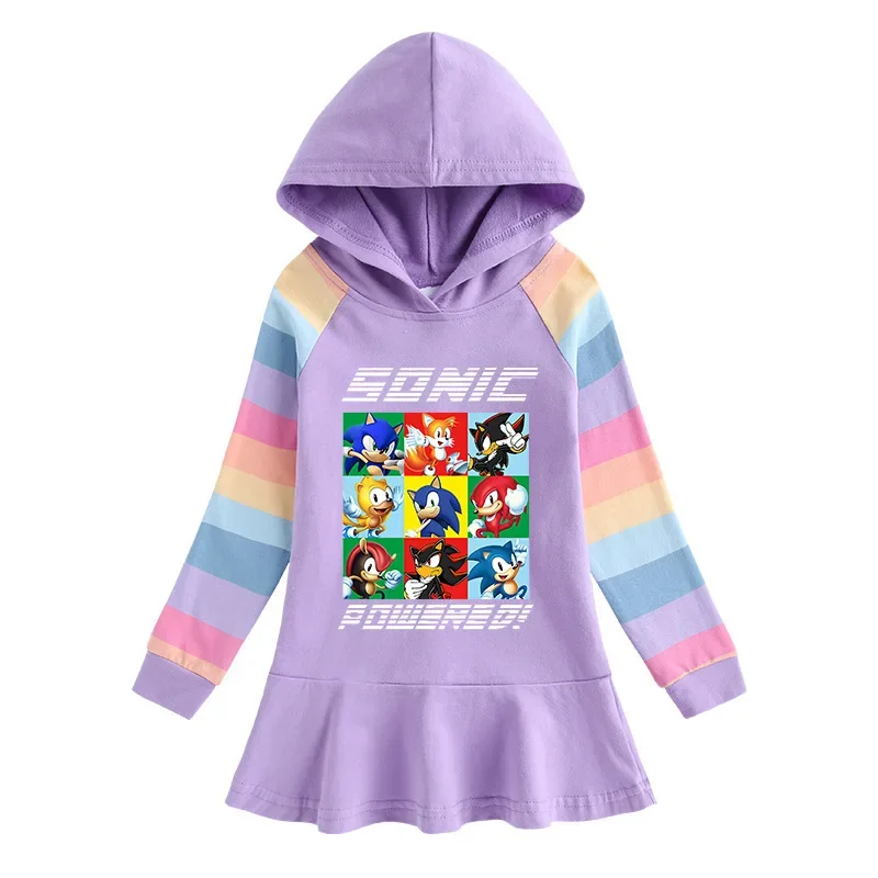 

2023 Sonic Autumn New Girls Dress Fashionable Cotton Children's Long-sleeved Princess Dress Rainbow Sweater Dress