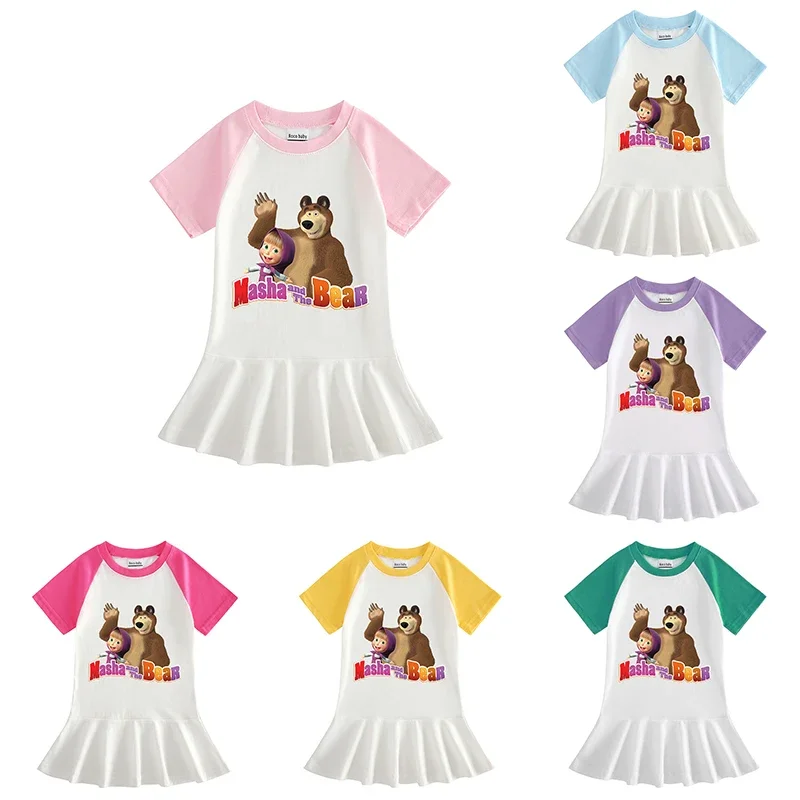 Mashas And The Bear Summer Kids Dresses For Girls Cartoon Girl And The Bear Abito Da Principessa A Maniche Corte Abbigliamento Per Bambini