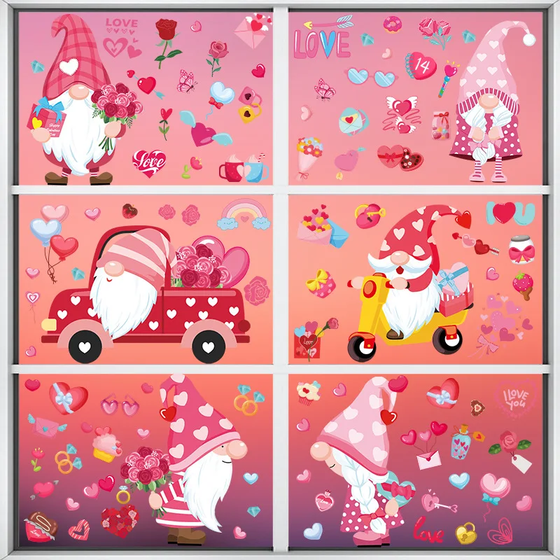 9Sheets Valentines Day Window Stickers Cartoon Gnome I Love U Heart Shape Glass Stickers Decals Wedding Party Home Decoration