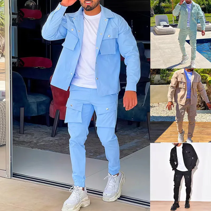 

Spring and Autumn Men's Two-piece Men's Street Trend Solid Color Polo Shirt and Pocket Pants Suit Suit Men's Fashion Slim Suit