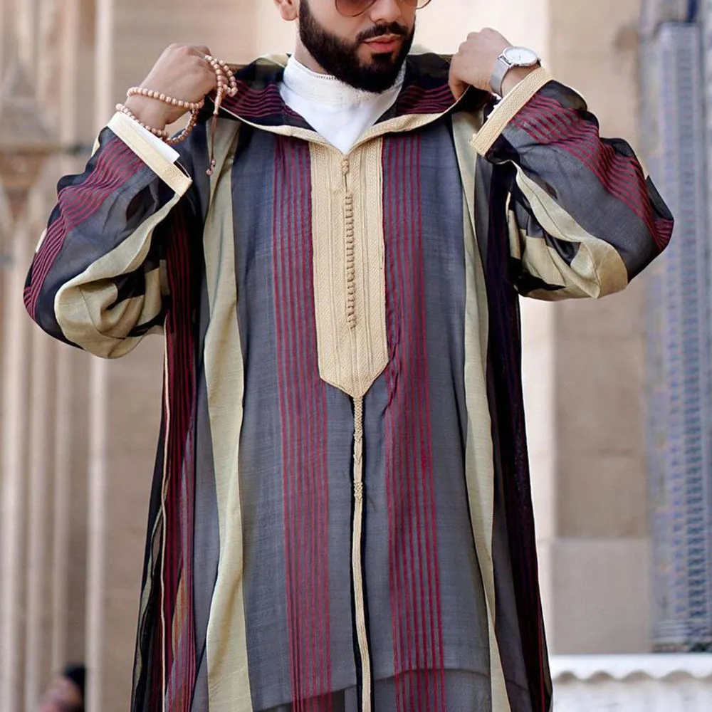 Middle Aged Lapel Loose Fitting Islamic Clothing Ordinary Stripe Casual Islamic Shirt 2023 New Muslim Fashion Robe Summer