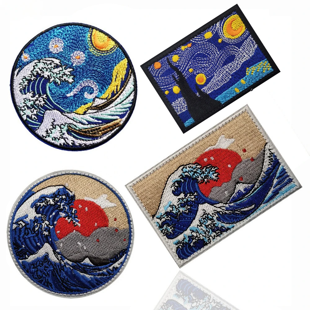 

Big Wave Embroidery Clothes Patches Van Gogh Personalized Sewing on Backpack Sticker Landscape Armband Decoration Coat Hat Shirt