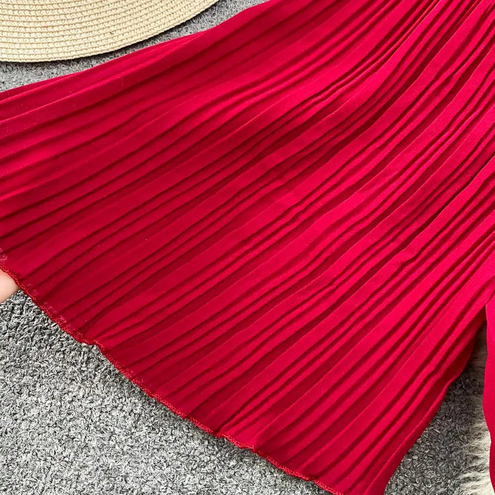 Autumn Flare Sleeve V-neck Midi Dresses for Women Solid Pleated A-line Elegant Party Dress Korean Fashion One Piece Vestidos New