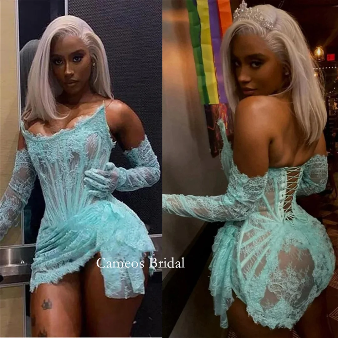 

SONDR Sexy Teal Lace Mini Prom Dresses with Gloves See-through Strapless Boned Corset Above Knee Party Gowns Night Clubbing