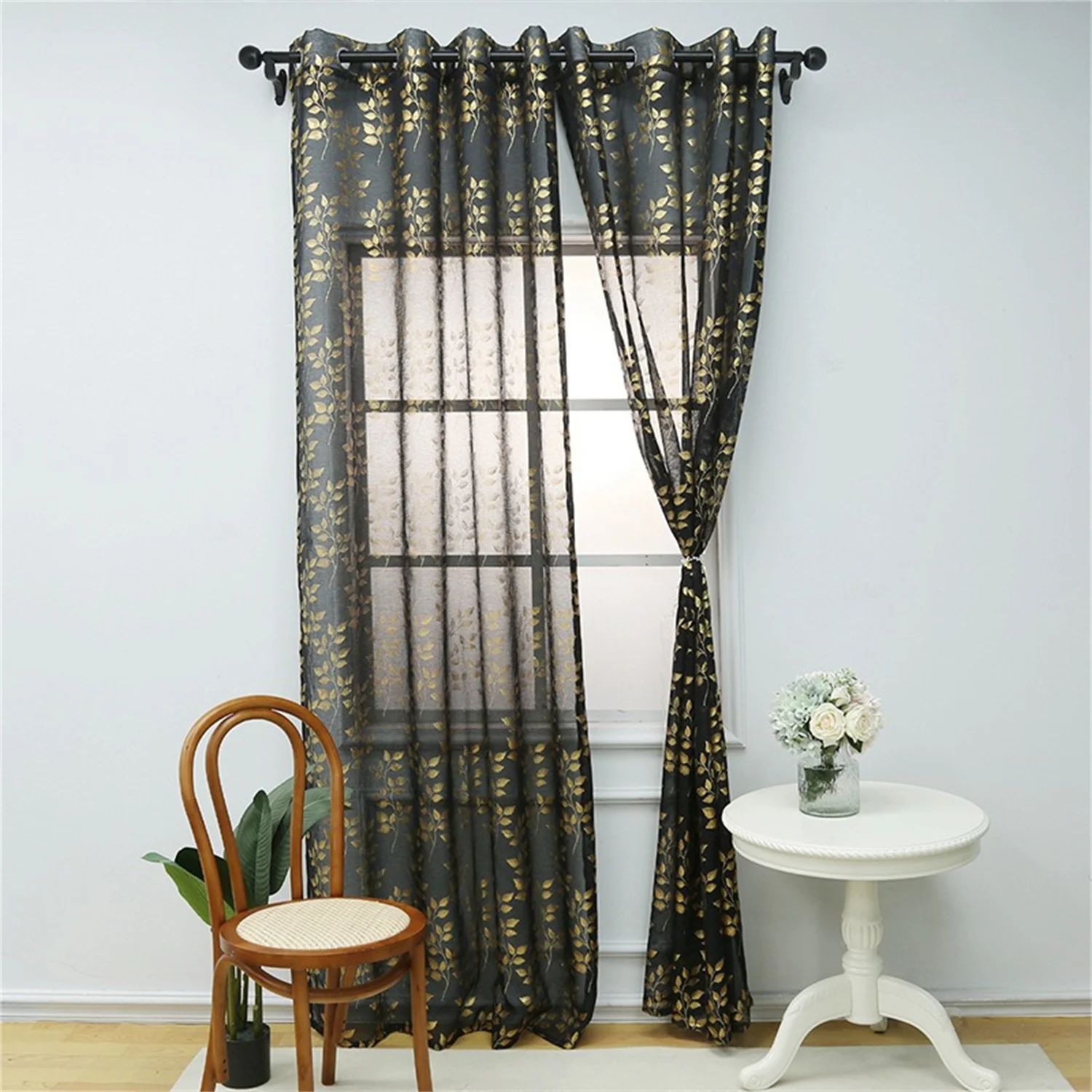 

Black Sheer Curtains 2 Panels Set, Gold Foil Metallic Branch Vine Leaves Print Window Treatments for Bedroom Halloween Decor