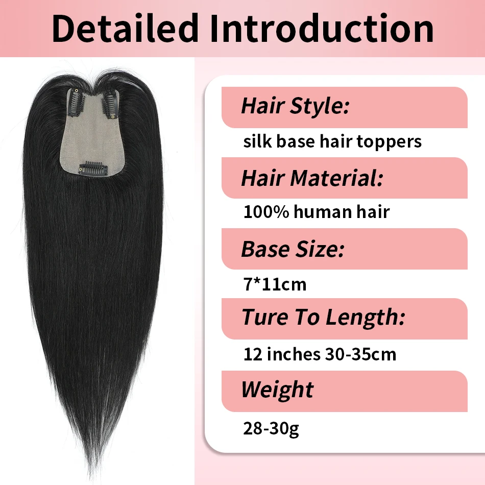 Silk Base 7x11CM Human Hair Toppers for Women with Thinning Hair 100% Real Human Hair Clip-In Top Wiglet Hairpieces 2