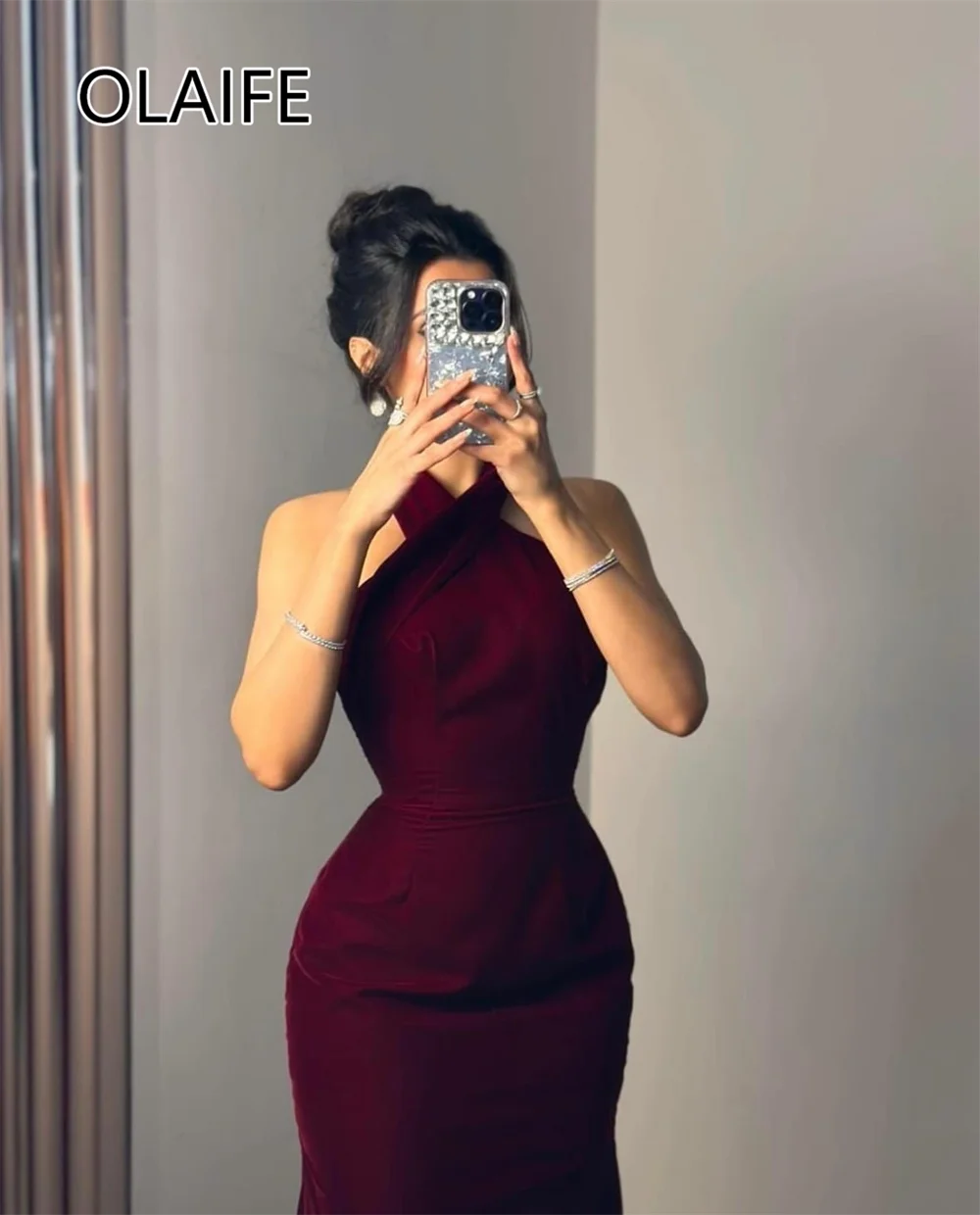 Halter Sleeveless Prom Bridesmaid Sheath Backless Floor-Length Evening Dress Saudi Arab Gown Customized