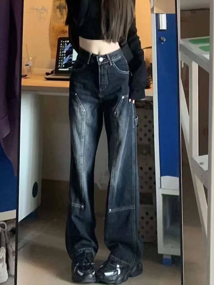 

American Vintage Womens Jeans High Waist Straight Baggy Denim Pants Wide Leg Streetwear Y2K Denim Trouser