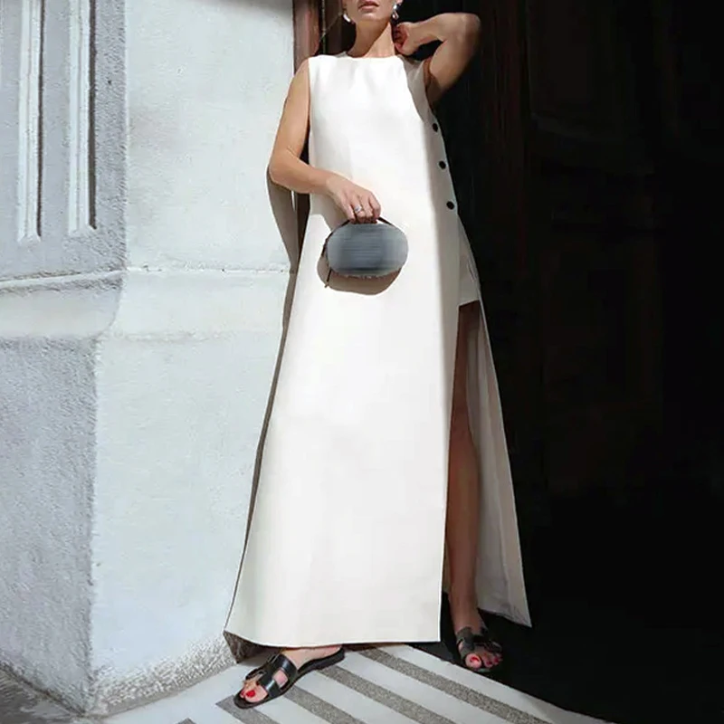 

Women Button Split Sleeveless Maxi Dress Elegant O-neck Off Shoulder Loose Long Robes 2024 New Female High Street Vestidos
